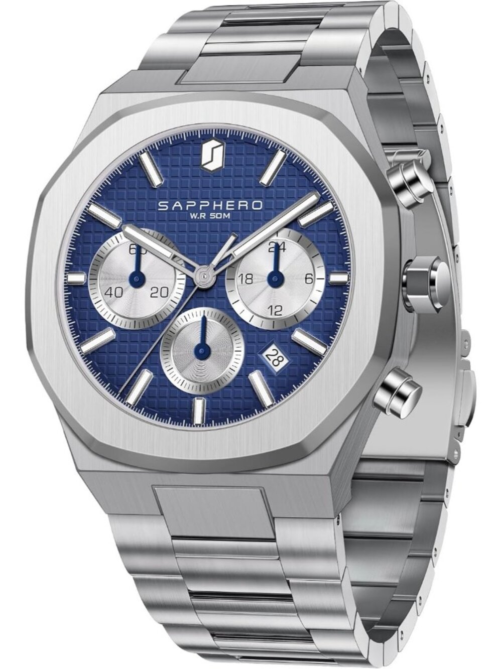 Mens Silver Strap Silver And Blue Stainless Steel Octagonal Date Quartz Watch